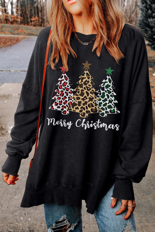 Black Merry Christmas Leopard Trees Graphic Sweatshirt - L & M Kee, LLC