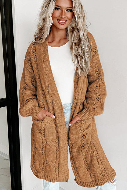 Khaki Ribbed Trim Eyelet Cable Knit Cardigan - L & M Kee, LLC