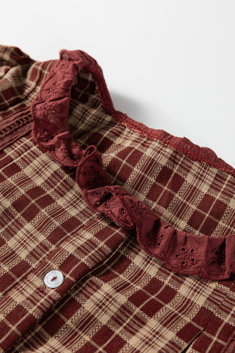 Red Dahlia Plaid Eyelet Lace Trim Button Down Loose Long Sleeve Shirt