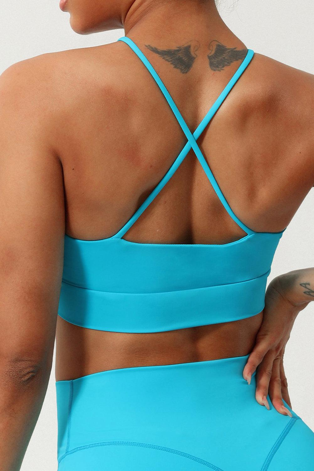 Turquoise Crossed Spaghetti Straps Ruched Keyhole Sports Bra - L & M Kee, LLC