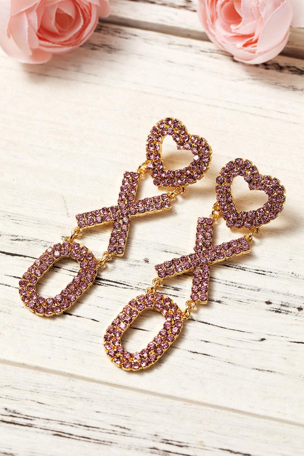 Bright Pink Valentine Heart XOXO Rhinestone Earrings - L & M Kee, LLC