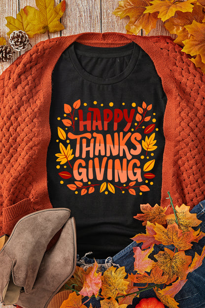 Black Happy Thanksgiving Leaves Print Crew Neck T Shirt