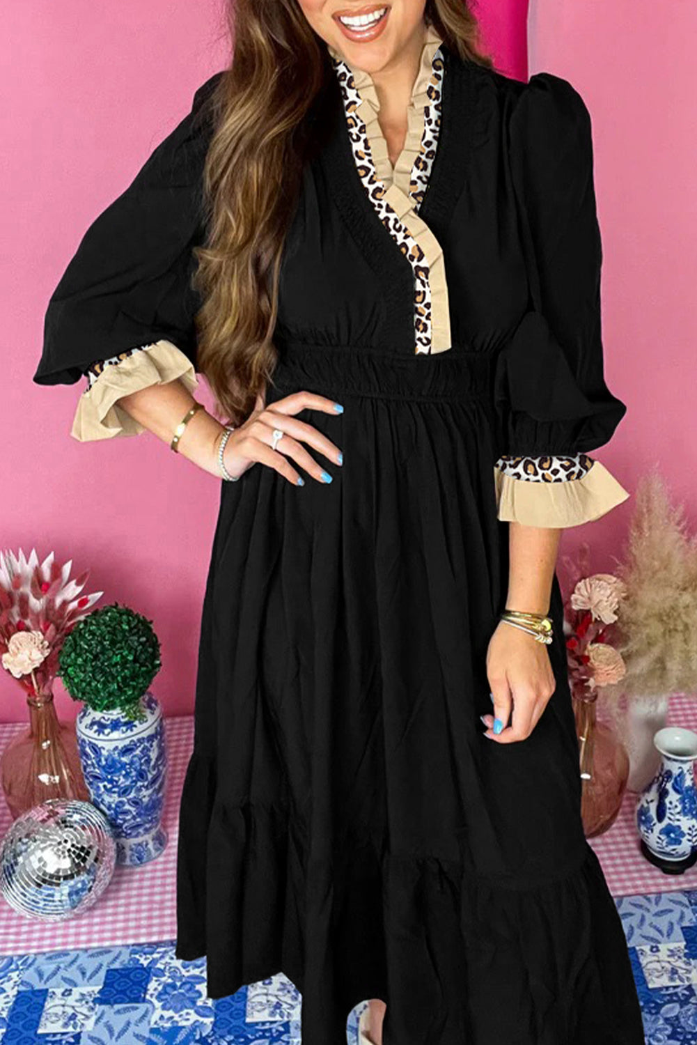 Black Contrast Leopard Frilled Trim V Neck Bracelet Sleeve Midi Dress