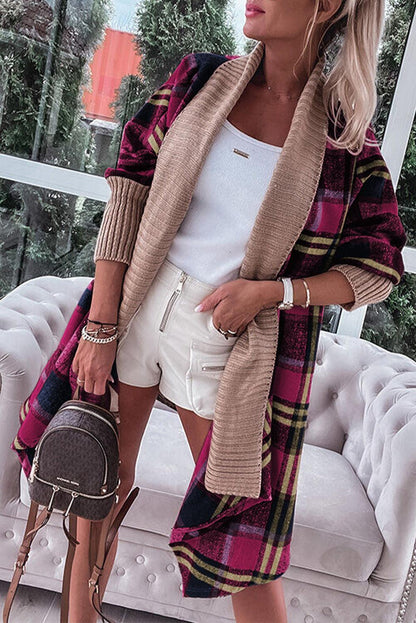 Rose Red Ribbed Splicing Plaid Open Front Cardigan - L & M Kee, LLC