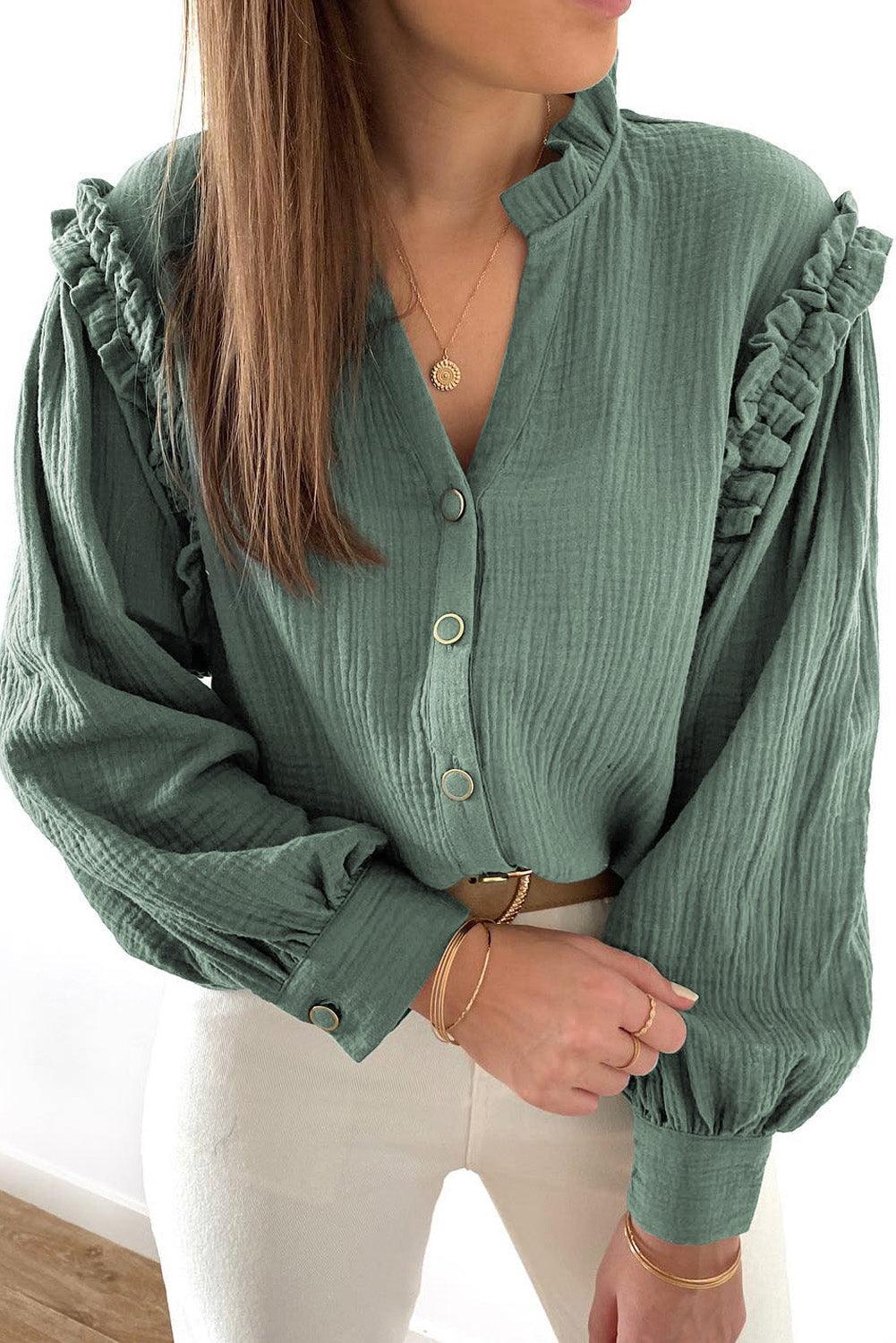 Green Frilled Split Neck Crinkled Shirt - L & M Kee, LLC
