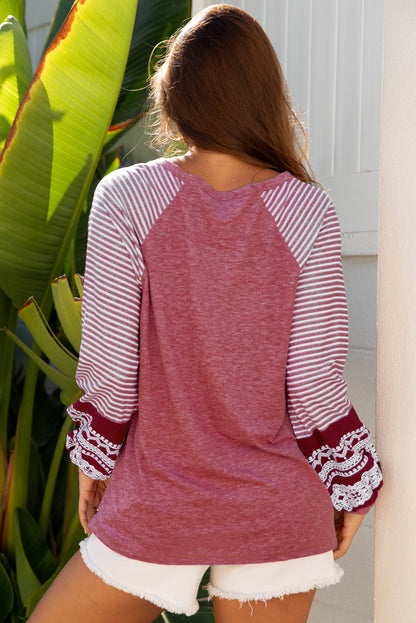 Mineral Red Contrast Print Striped Raglan Long Sleeve Loose Top