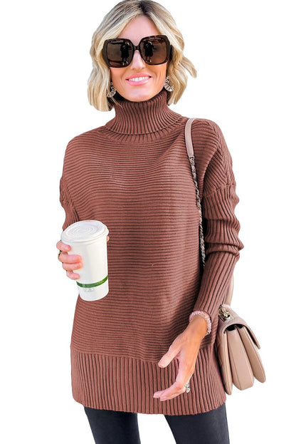 Mineral Red Turtleneck Ribbed Knit Tunic Sweater - L & M Kee, LLC