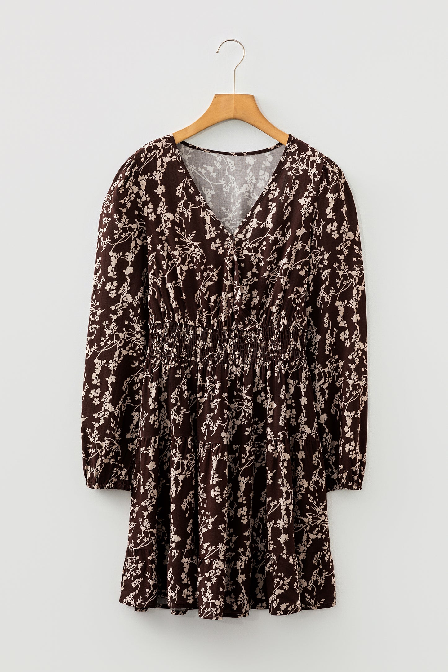 Brown Ditsy Floral Print Split Neck Long Sleeve Shirred Waist Flared Mini Dress