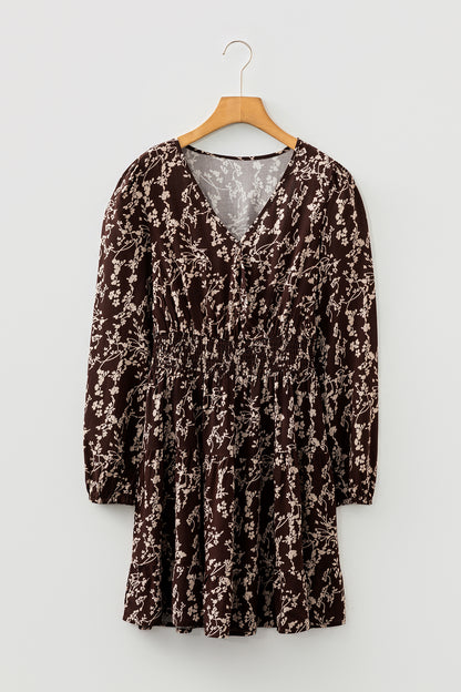 Brown Ditsy Floral Print Split Neck Long Sleeve Shirred Waist Flared Mini Dress