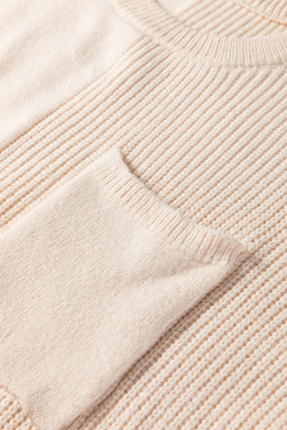 Jet Stream Solid Color Mixed Knits Patch Pocket Short Sleeve Sweater