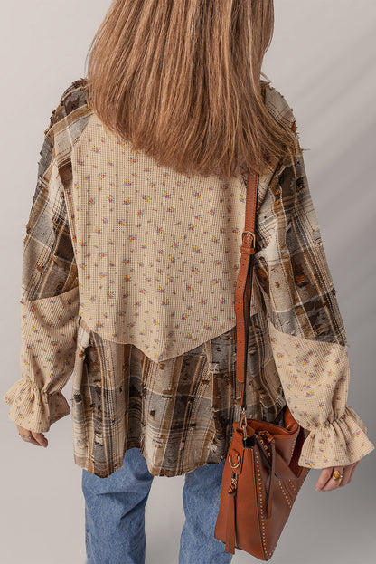 Oatmeal Boho Floral Plaid Patchwork Distressed Detail Ruffled Sleeve Waffle Knit Shacket