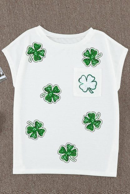 white Sequin St Patrick Clover Patch Pocket Loose Tee - L & M Kee, LLC