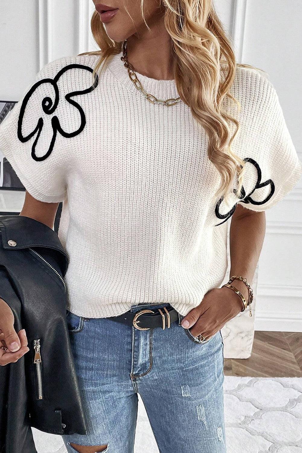 White Flower Embroidery Sweater Tee - L & M Kee, LLC