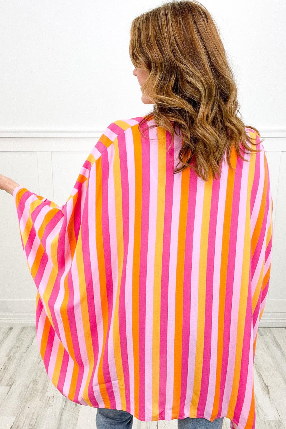 Rose Stripe Wide Sleeve Open Front Kimono - L & M Kee, LLC