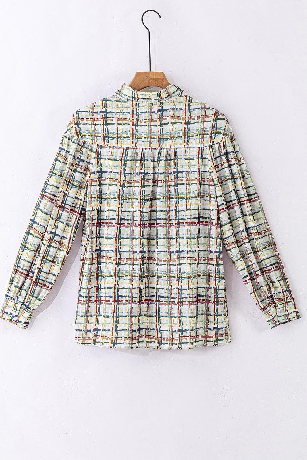 Multicolor Plaid Pattern Puff Sleeve Button up Shirt - L & M Kee, LLC