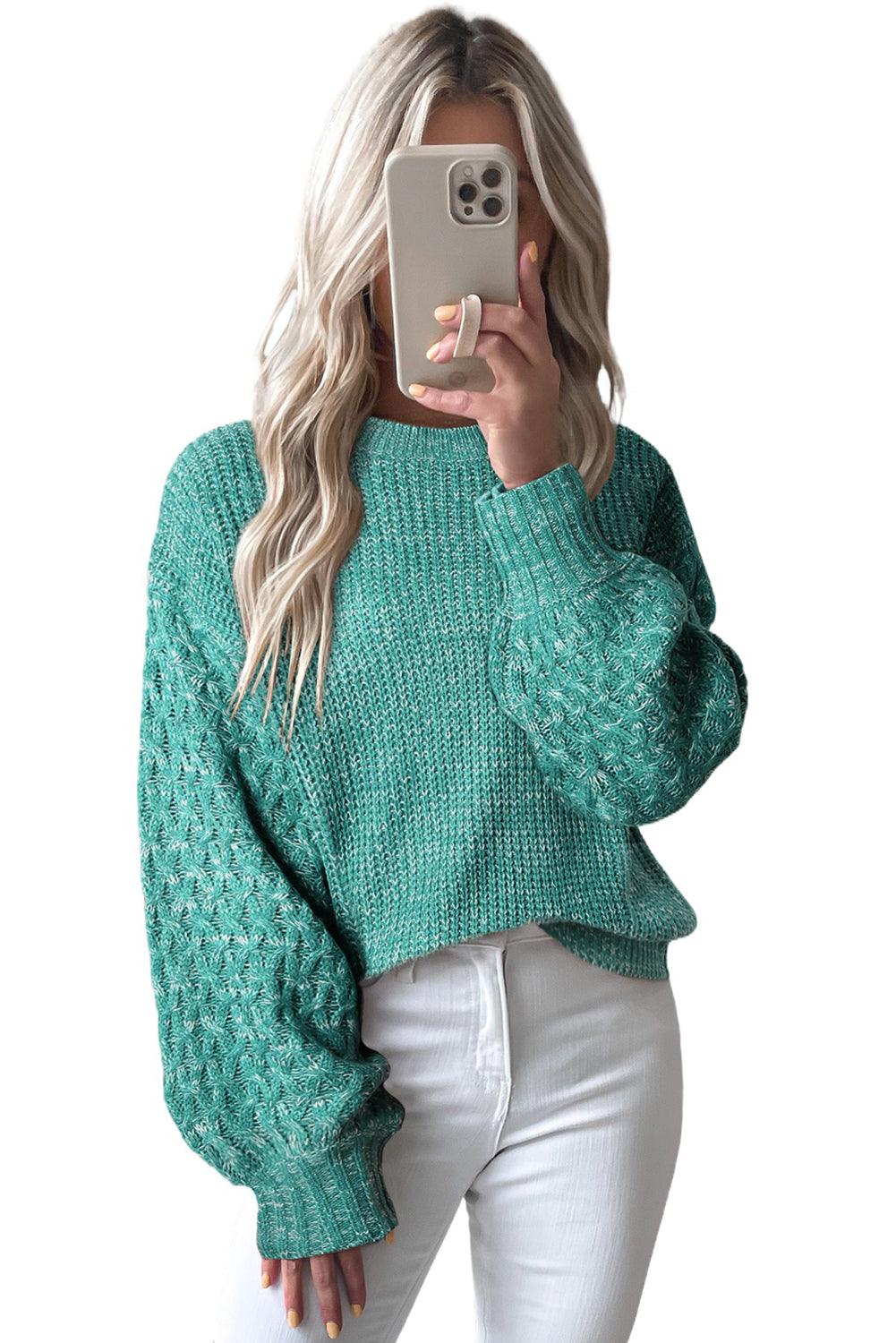 Sea Green Cable Knit Sleeve Drop Shoulder Sweater - L & M Kee, LLC