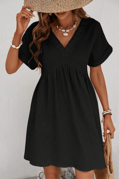 Black Folded Short Sleeve Lace V Neck Mini Dress - L & M Kee, LLC