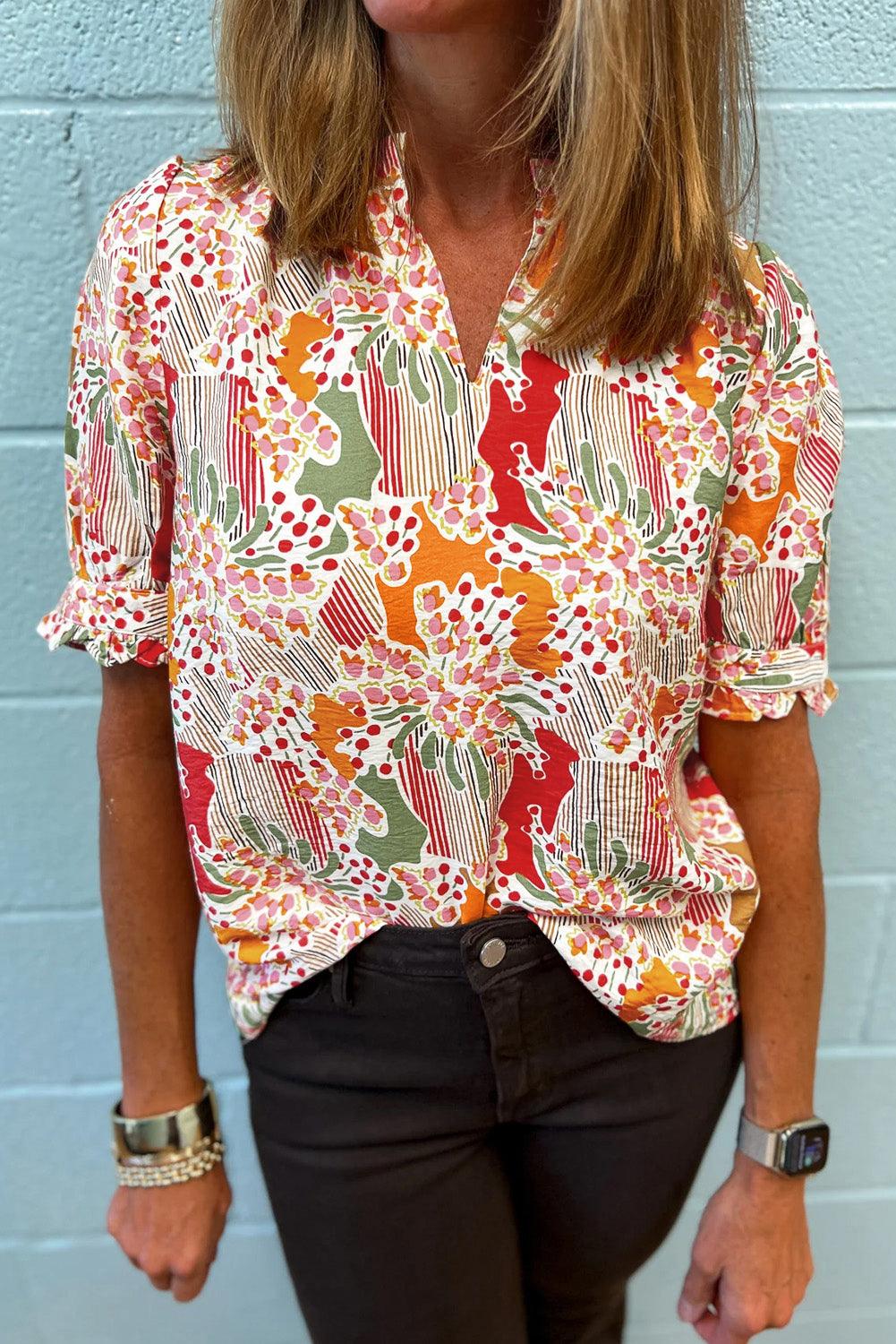 Pink Floral Print Button Frilled Short Sleeve Blouse - L & M Kee, LLC