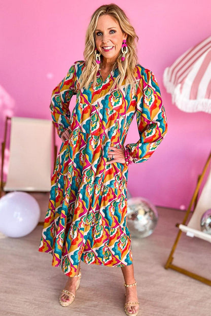 Multicolor Abstract Geometric Print Long Sleeve High Waist Dress - L & M Kee, LLC