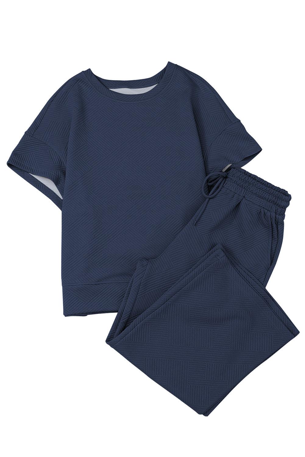 Navy Blue Textured Loose Fit T Shirt and Drawstring Pants Set - L & M Kee, LLC