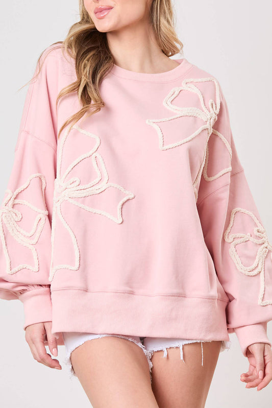 Light Pink Bow Thread Embroidery Ribbed Edge Sweatshirt