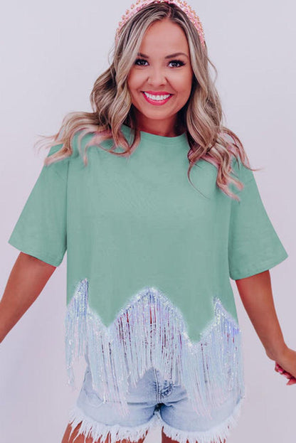 Moonlight Jade Fringed Sequin Crop T-shirt - L & M Kee, LLC