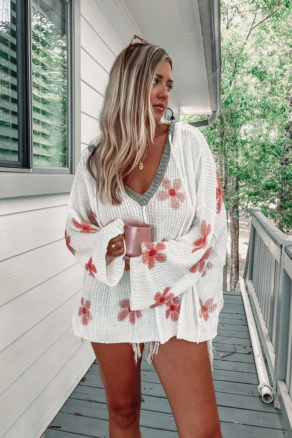 White Floral Print Lightweight Knit Hooded Sweater - L & M Kee, LLC