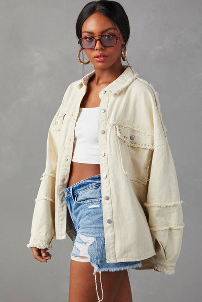 White Frayed Exposed Seam Denim Jacket - L & M Kee, LLC