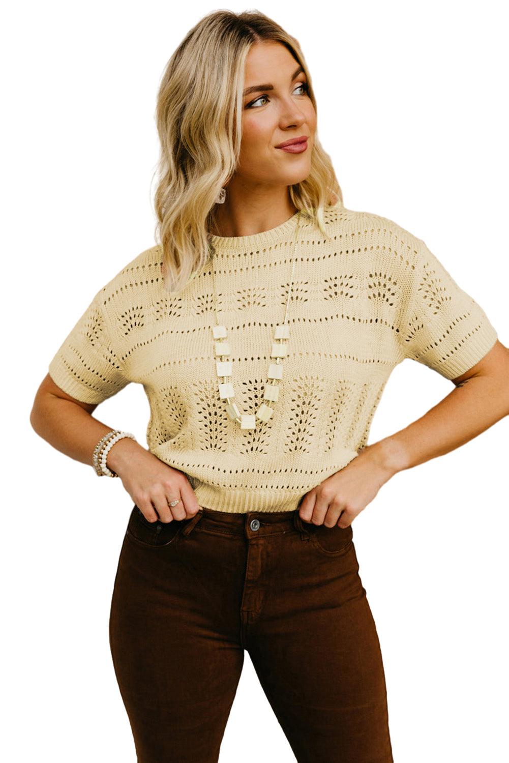 Beige Knitted Hollow out Short Sleeve Crop Sweater - L & M Kee, LLC