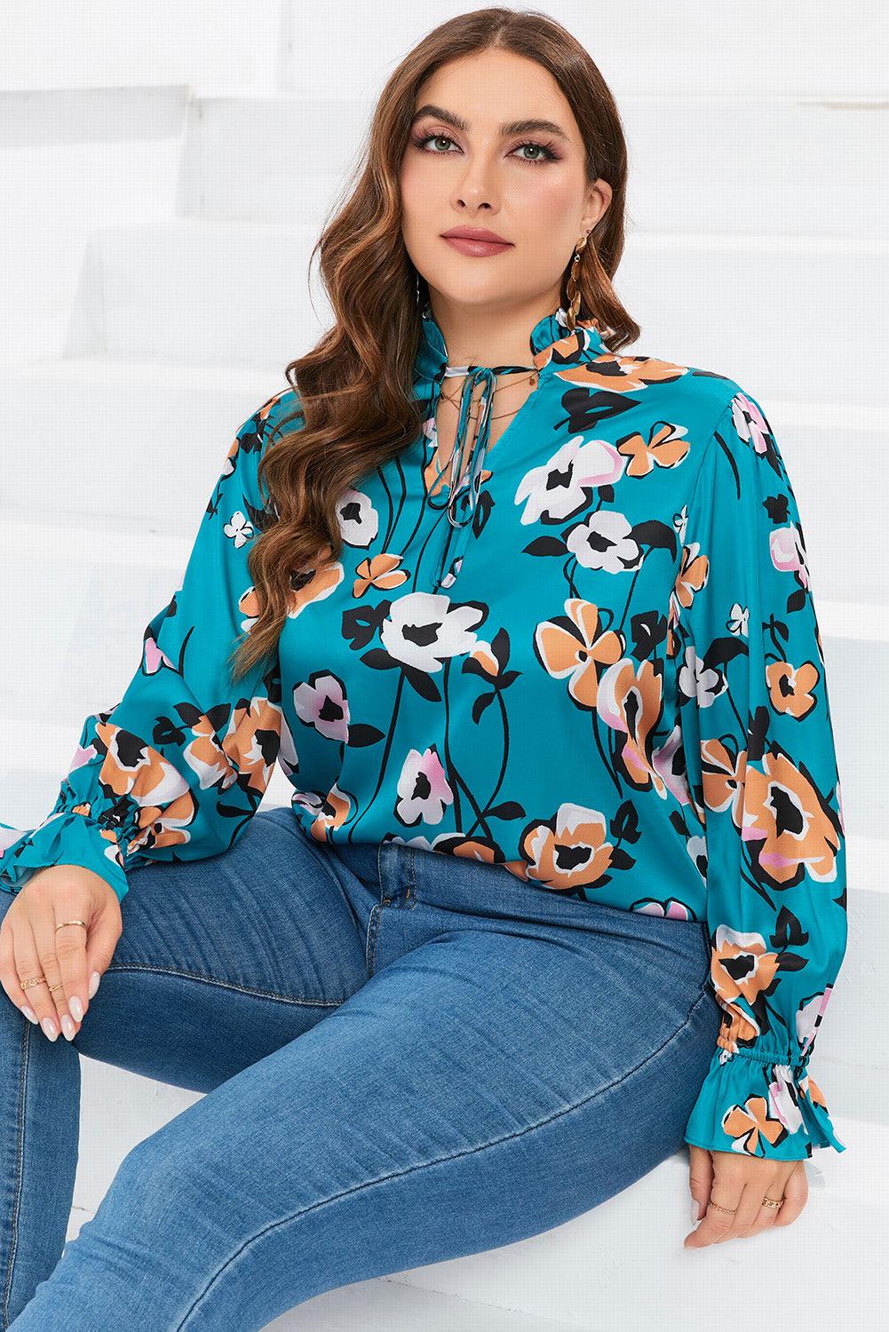 Sky Blue Floral Print V Neck Plus Size Blouse - L & M Kee, LLC