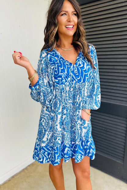 Rose Bohemian Print Puff Sleeve Tied V Neck Flared Mini Dress