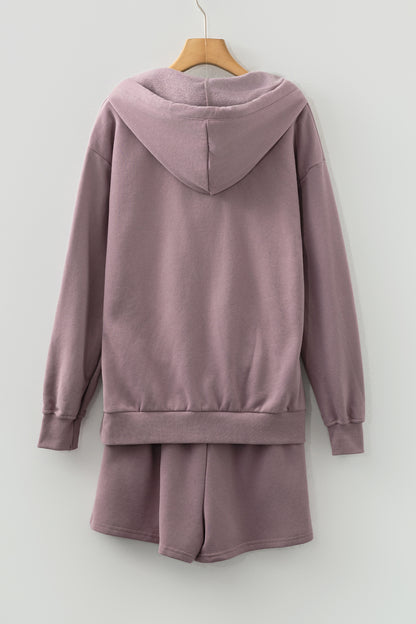 Valerian Button Drawstring Hooded Pullover and Casual Short Set