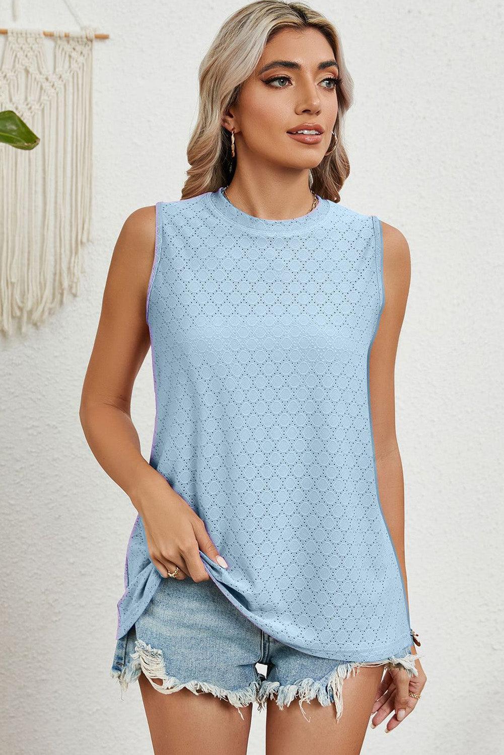 Myosotis Solid Color Eyelet Pattern Round Neck Tank Top - L & M Kee, LLC