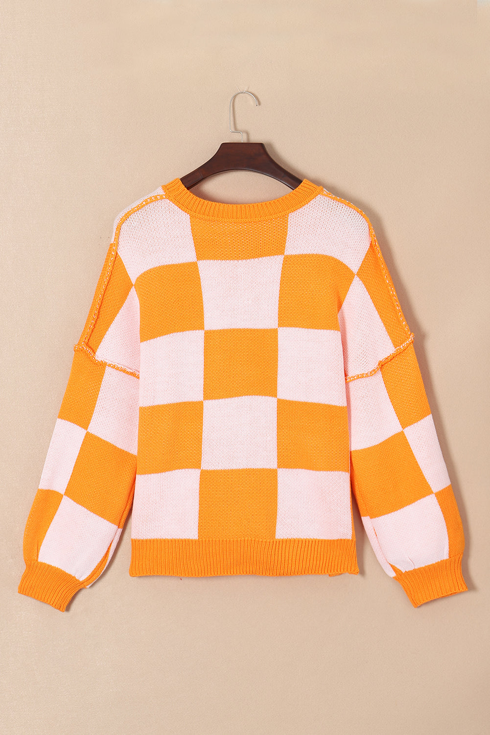 Grapefruit Orange Sequined Halloween Pumpkin Checkered Pattern Puff Sleeve Sweater