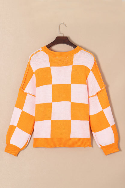 Grapefruit Orange Sequined Halloween Pumpkin Checkered Pattern Puff Sleeve Sweater