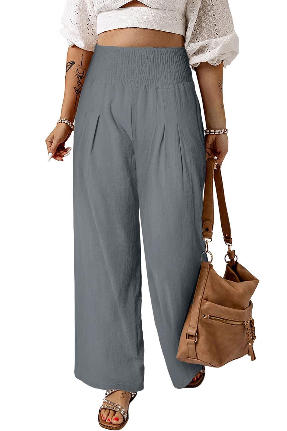 Khaki Smocked Wide Waistband High Waist Wide Leg Pants - L & M Kee, LLC