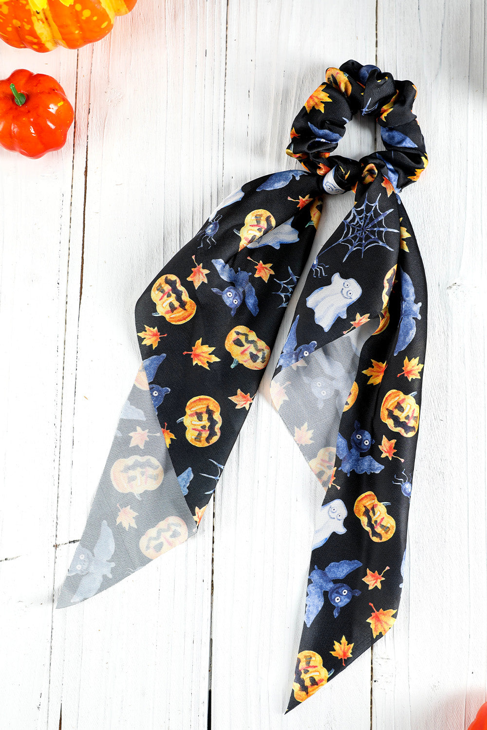 Bristol Black Halloween Pumpkin Face Printed Satin Scrunch Hair Tie