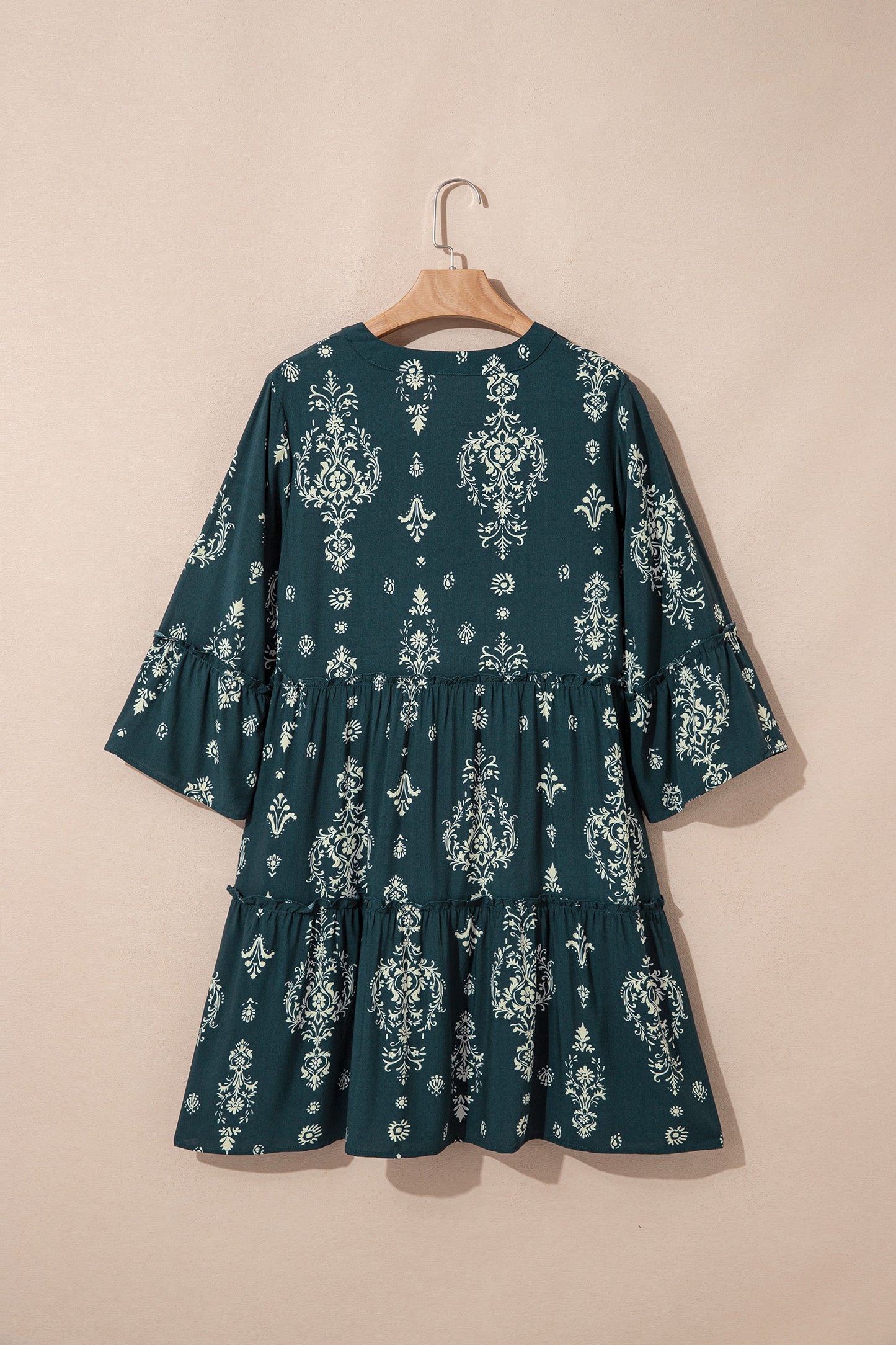 Red Boho Floral Print Lettuce Trim 3/4 Sleeve Mini Dress