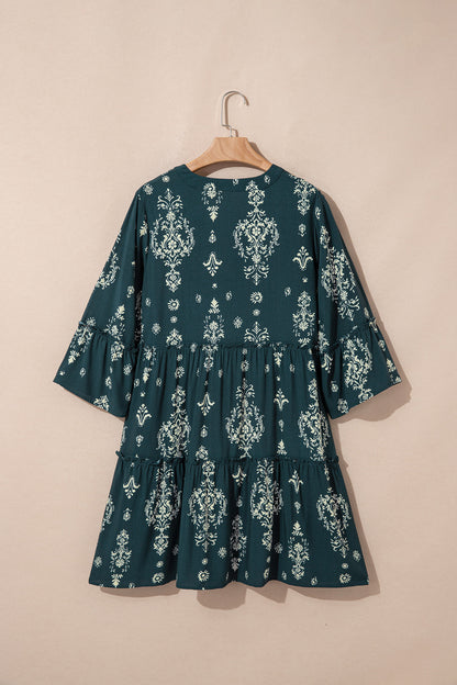 Red Boho Floral Print Lettuce Trim 3/4 Sleeve Mini Dress