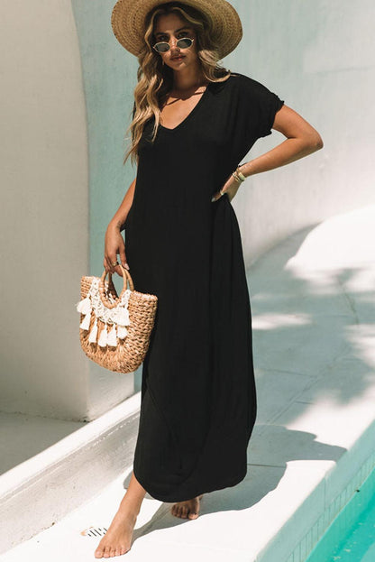 Black V Neck Hidden Pocket Splits Maxi T-shirt Dress - L & M Kee, LLC