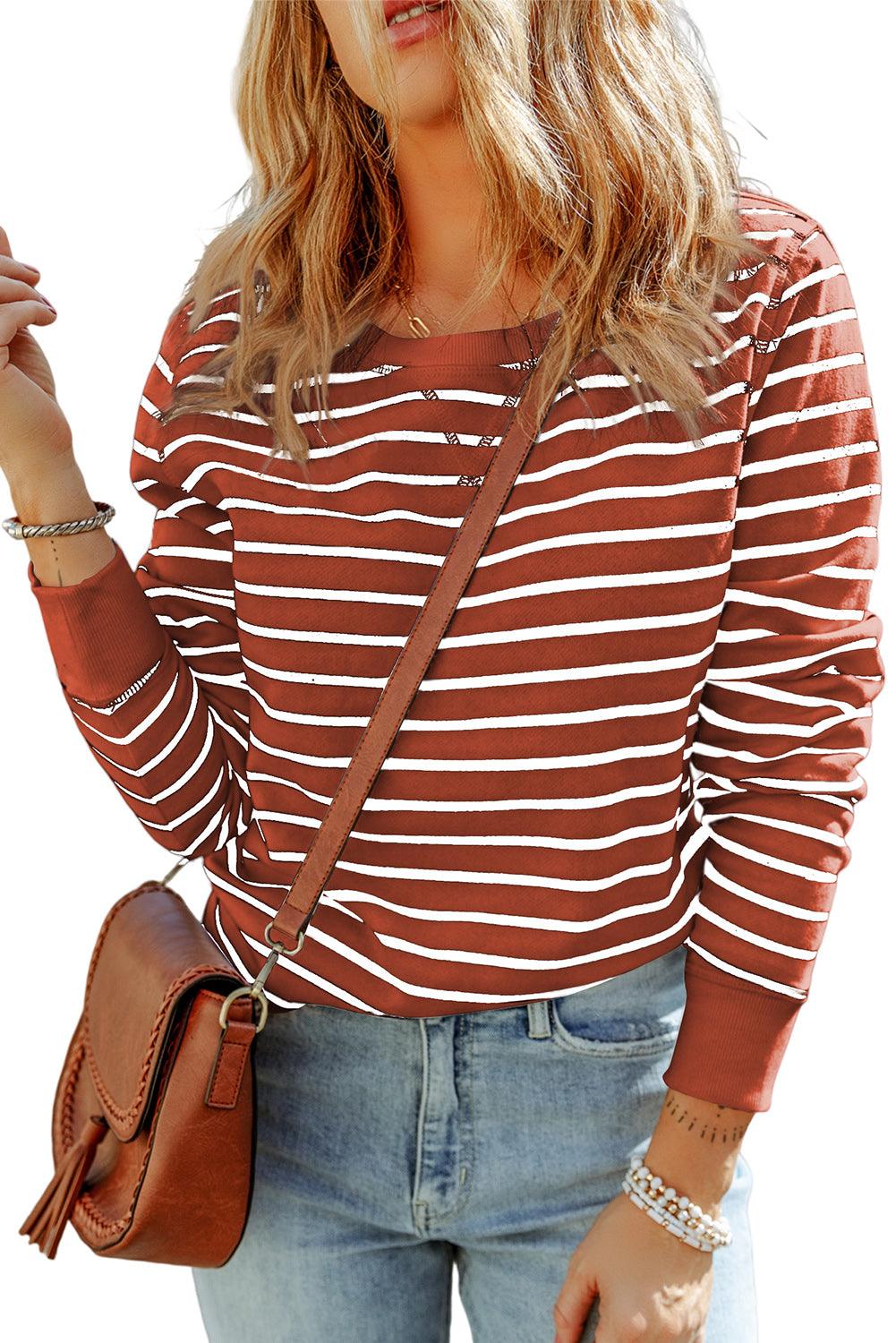 Striped Print Ribbed Trim Long Sleeve Top - L & M Kee, LLC