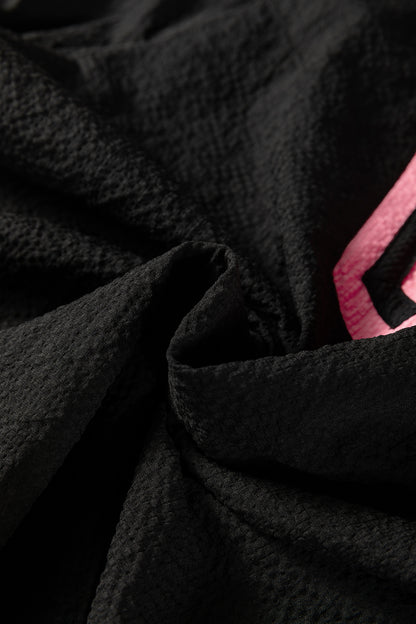 Black Color Block Patchwork Detail V Neck Textured Long Sleeve Blouse