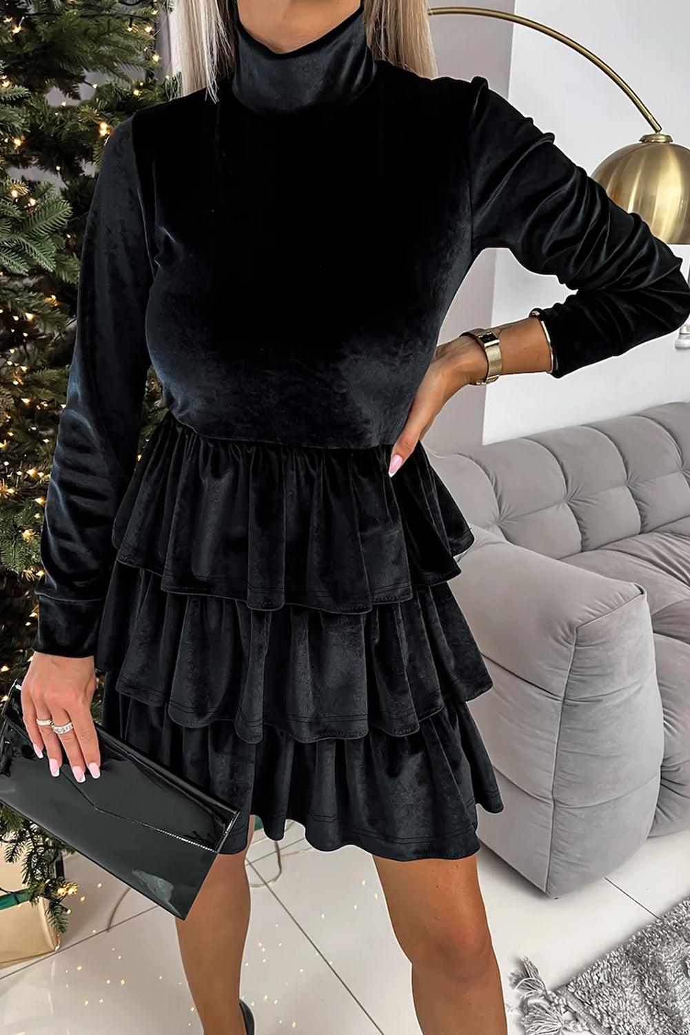 Black Velvet High Neck Tiered Ruffle Mini Dress - L & M Kee, LLC