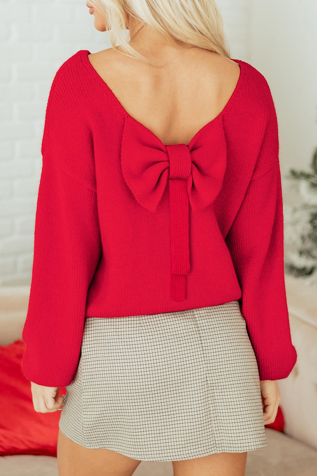 Black Festive Bow Backless Bubble Sleeve Sweater