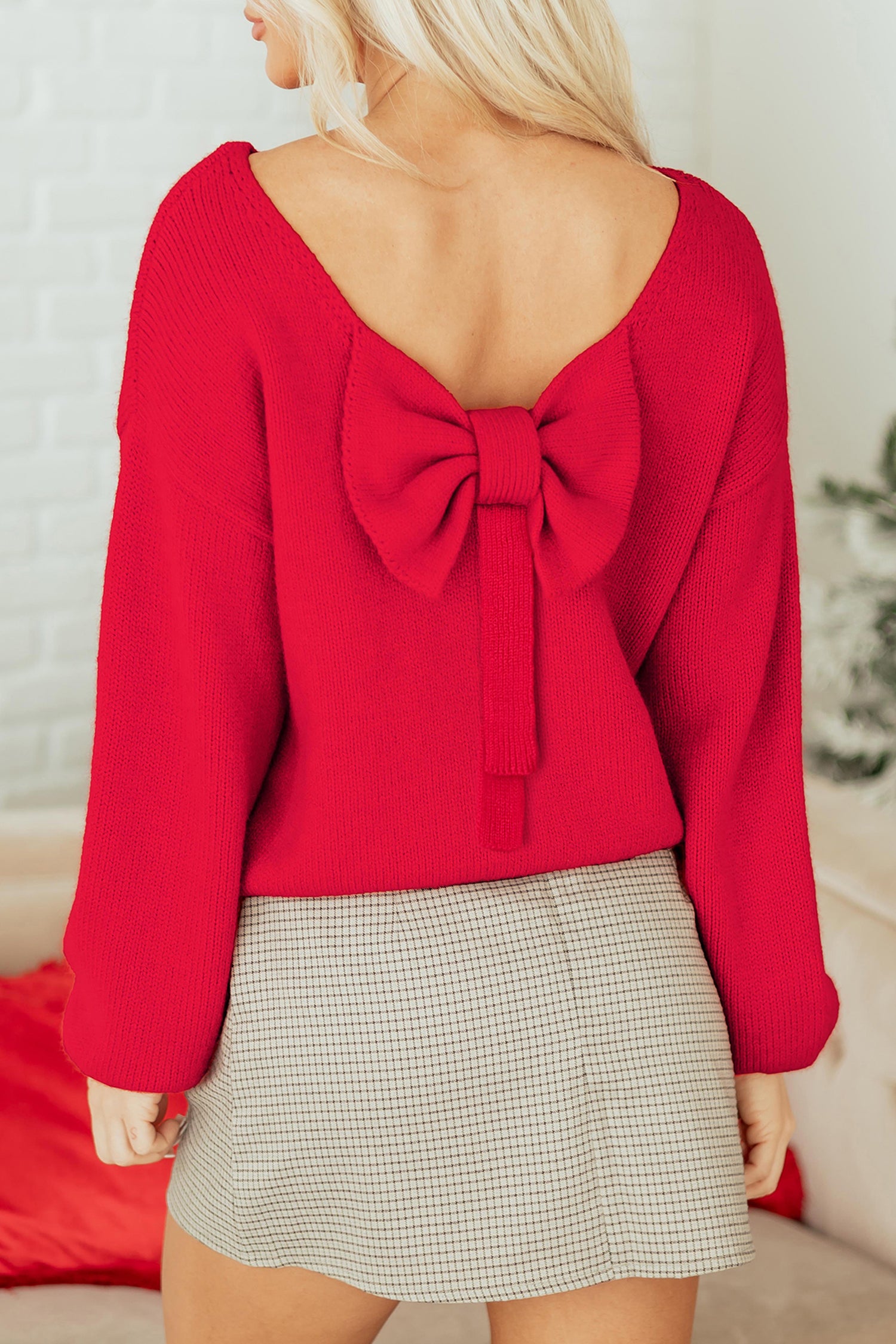 Black Festive Bow Backless Bubble Sleeve Sweater