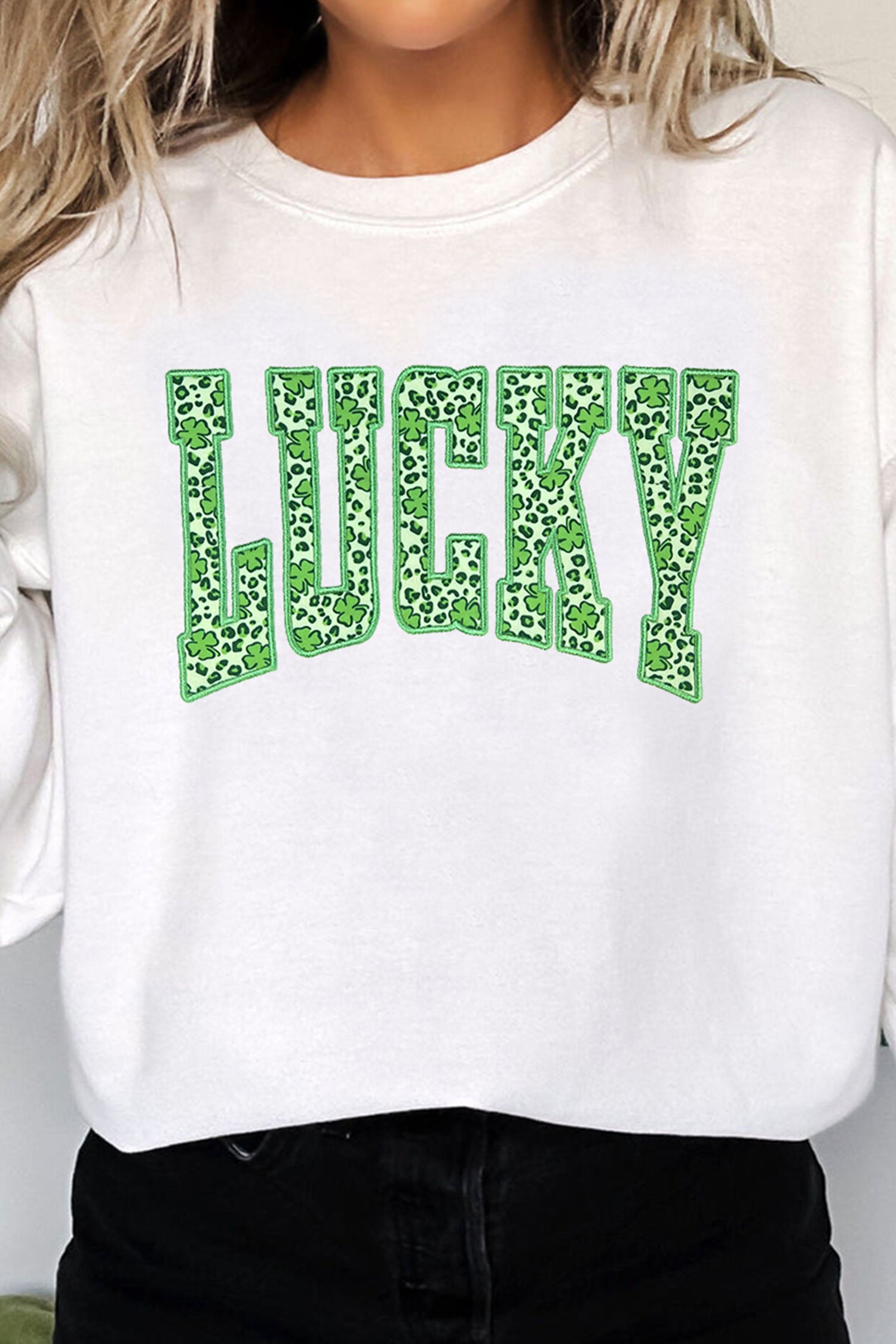 White Leopard Cover LUCKY Embroidered Patch Graphic Sweatshirt