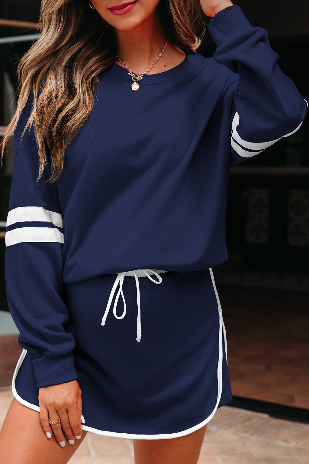 Navy Blue Varsity Stripe Detail Drop Shoulder Pullover Mini Skirt Set