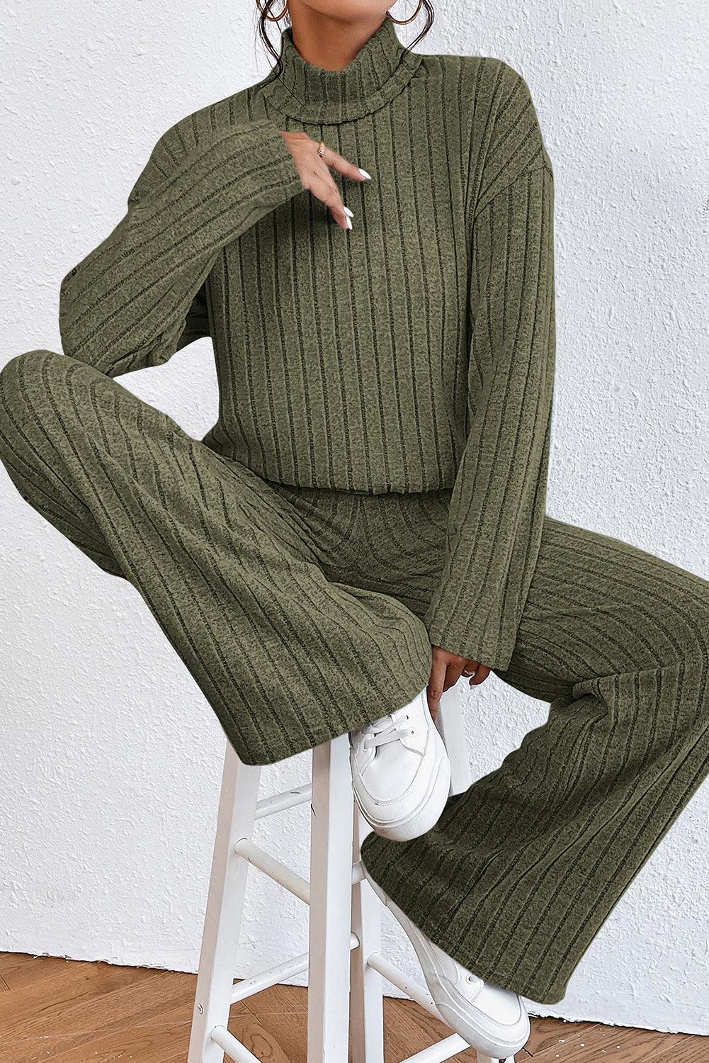 Khaki Ribbed Knit Bell Sleeve Crop Top Drawstring Pants Set - L & M Kee, LLC