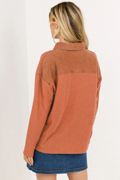 Red Dahlia Solid Color Long Sleeve Thermal Knit Polo Collar Patchwork Top