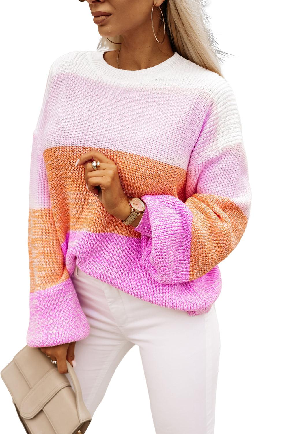 Pink Colorblock Drop Shoulder Pullover Loose Sweater - L & M Kee, LLC